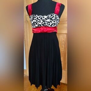 VTG Taboo Y2K Leopard Print Dress Red Satin Sash Pleated Party Mini USA Made SM